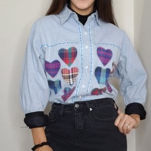 Womens vintage 90s denim hearts button down blouse